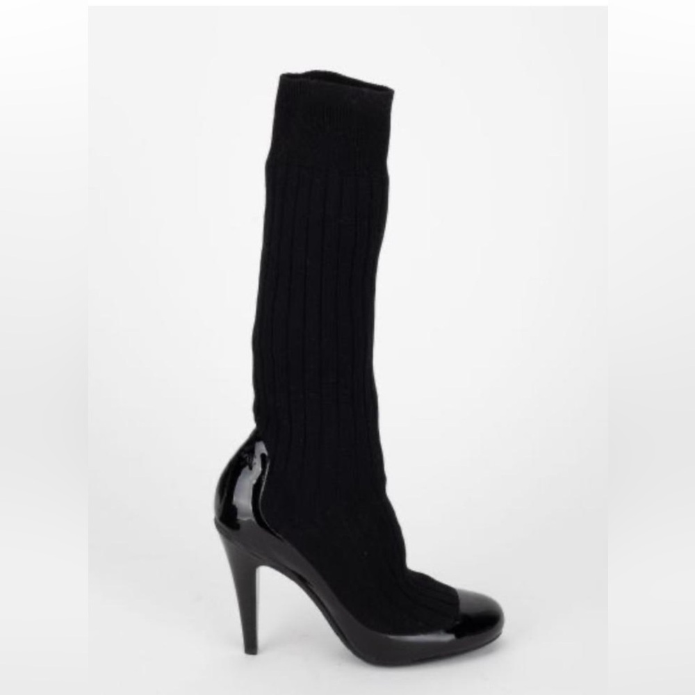 ✨ CHANEL Knit Sock Boots – Patent Leather Heel – Black – Size 36.5 – NEW